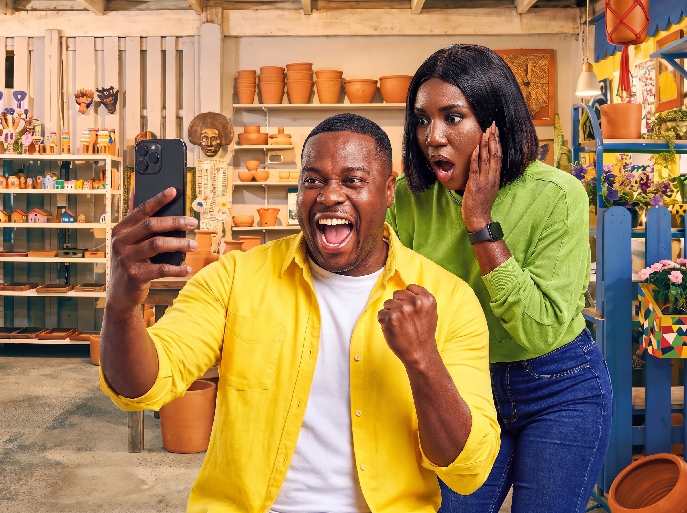 Un homme et une femme célèbrent un paiement reçu dans une boutique