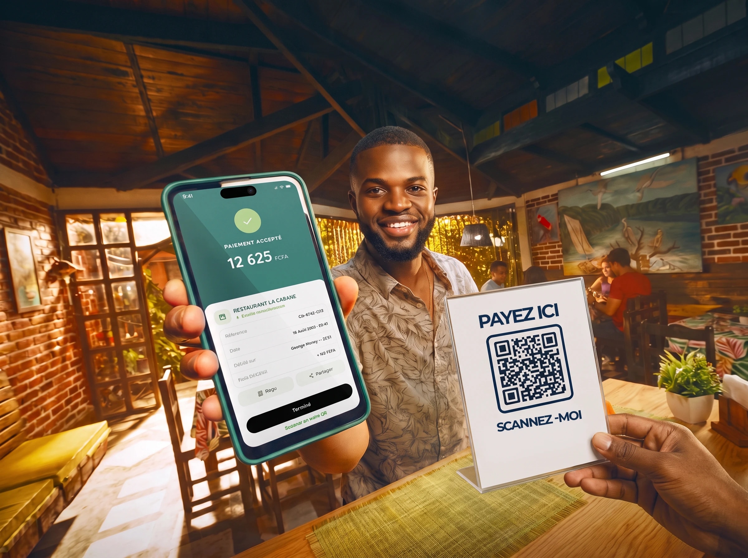 Un commerçant tient un téléphone affichant un paiement OOQAMI à côté d'un QR « Payez ici »
